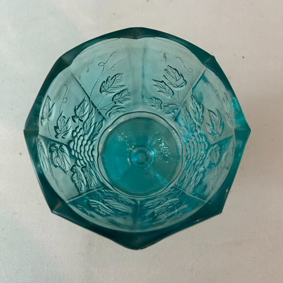 PANELED BOWL AQUA GLASS COMPOTE GRAPES AND LEAVES DESIGN - Picture 2 of 3